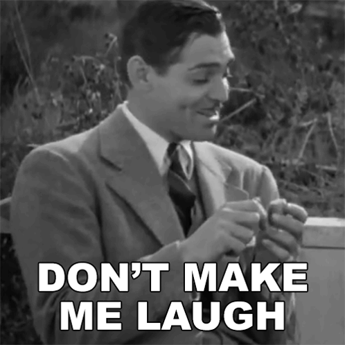 A Man In A Suit And Tie Is Smiling With The Words " Don 'T Make Me Laugh " Below Him GIF