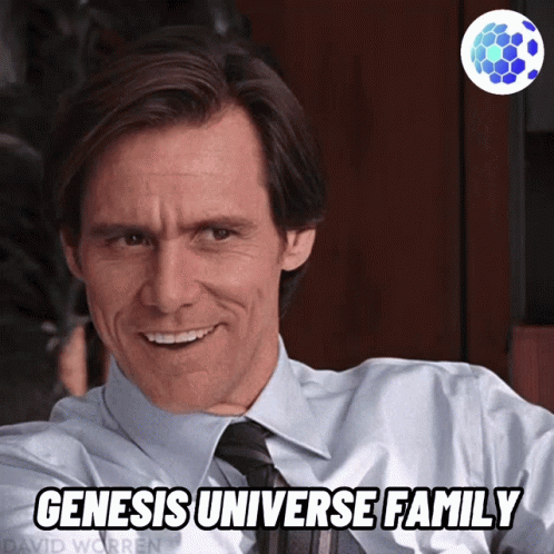 A Man In A Suit And Tie Is Smiling With The Words Genesis Universe Family Above Him GIF