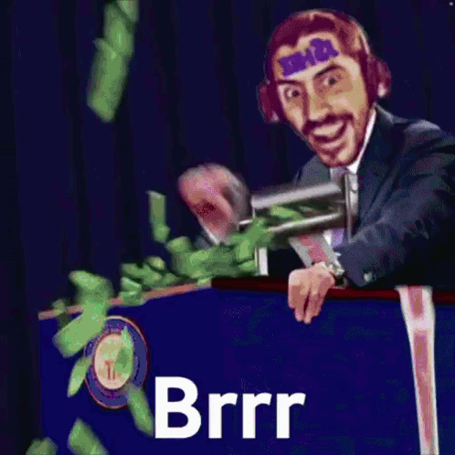 A Man In A Suit And Tie Is Standing Behind A Podium With Money Falling Around Him And The Words Brrr On The Bottom Right GIF