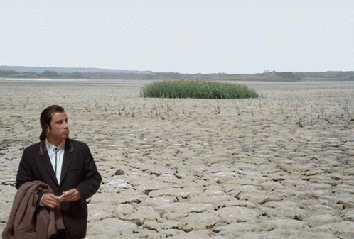 A Man In A Suit And Tie Is Standing In A Desert GIF