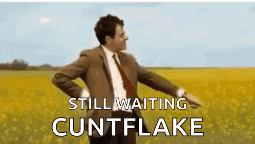 A Man In A Suit And Tie Is Standing In A Field With His Arms Outstretched . GIF