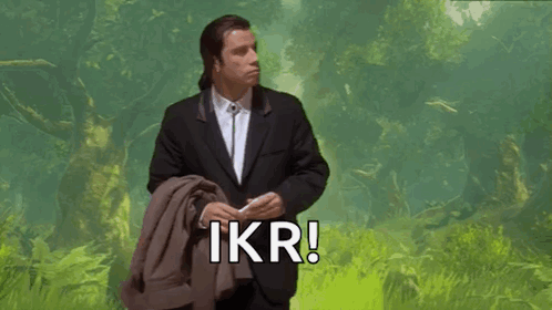 A Man In A Suit And Tie Is Standing In A Field With The Word Ikr Written On The Bottom GIF