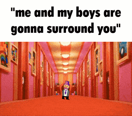 A Man In A Suit And Tie Is Standing In A Hallway With The Caption " Me And My Boys Are Gonna Surround You GIF