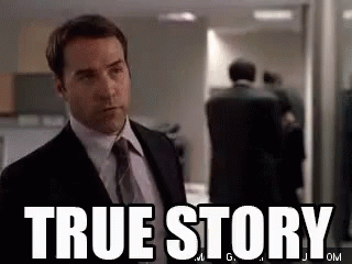 A Man In A Suit And Tie Is Standing In A Hallway With The Words `` True Story '' Behind Him . GIF