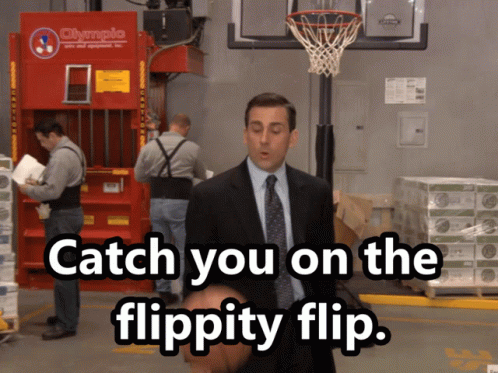 A Man In A Suit And Tie Is Standing In Front Of A Basketball Hoop With The Words Catch You On The Flippity Flip GIF
