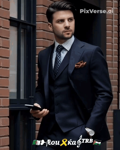 A Man In A Suit And Tie Is Standing In Front Of A Brick Building With Pixverse.ai Written On The Bottom GIF