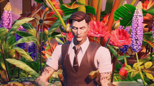 A Man In A Suit And Tie Is Standing In Front Of A Bunch Of Flowers . GIF