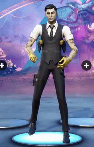 A Man In A Suit And Tie Is Standing In Front Of A Colorful Background GIF