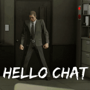 A Man In A Suit And Tie Is Standing In Front Of A Door That Says " Hello Chat " GIF