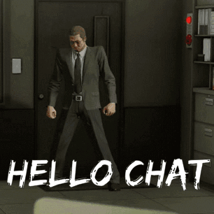 A Man In A Suit And Tie Is Standing In Front Of A Door With The Words Hello Chat Above Him GIF