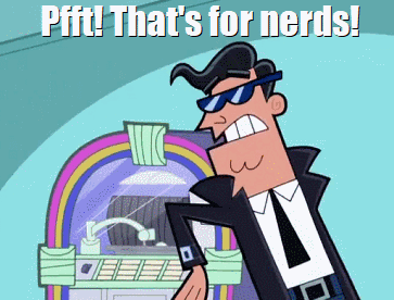 A Man In A Suit And Tie Is Standing In Front Of A Jukebox With The Words Pfft That 'S For Nerds GIF