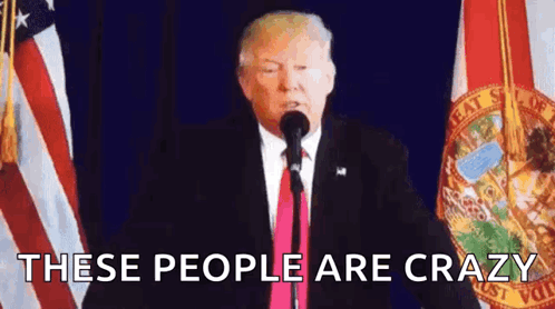 A Man In A Suit And Tie Is Standing In Front Of A Microphone With The Words `` These People Are Crazy '' . GIF