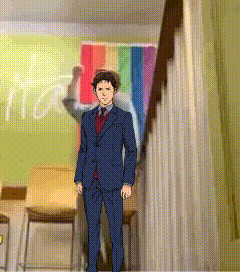A Man In A Suit And Tie Is Standing In Front Of A Rainbow Flag In A Room GIF