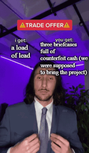 A Man In A Suit And Tie Is Standing In Front Of A Trade Offer Sign GIF