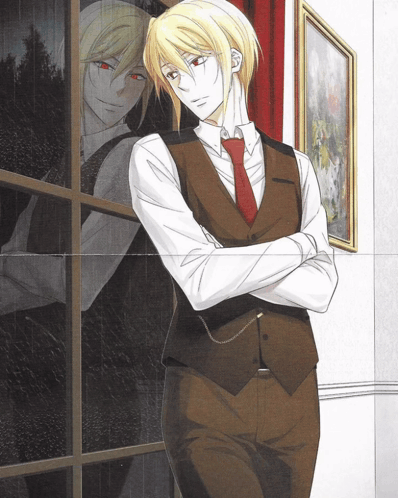 A Man In A Suit And Tie Is Standing In Front Of A Window With His Arms Crossed GIF