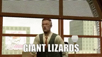 A Man In A Suit And Tie Is Standing In Front Of A Window With The Words " Giant Lizards " Above Him GIF