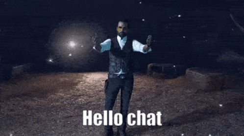 A Man In A Suit And Tie Is Standing In The Dark With His Arms Outstretched And Says Hello Chat GIF