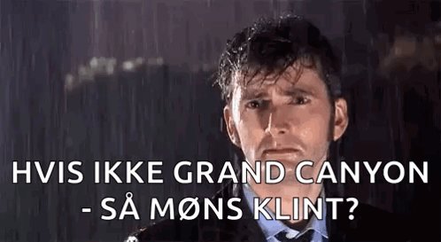 A Man In A Suit And Tie Is Standing In The Rain With The Words Hvis Ikke Grand Canyon Sa Mons Klint GIF