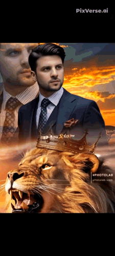 A Man In A Suit And Tie Is Standing Next To A Lion With A Crown On Its Head .. GIF