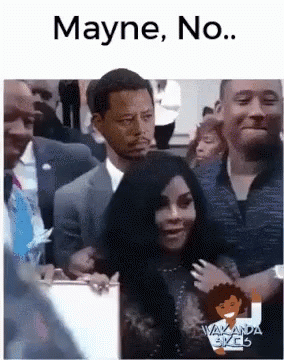 A Man In A Suit And Tie Is Standing Next To A Woman In A Crowd And Says Mayne No . GIF