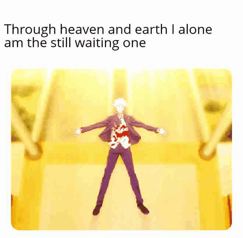 A Man In A Suit And Tie Is Standing On A Yellow Floor With His Arms Outstretched . GIF