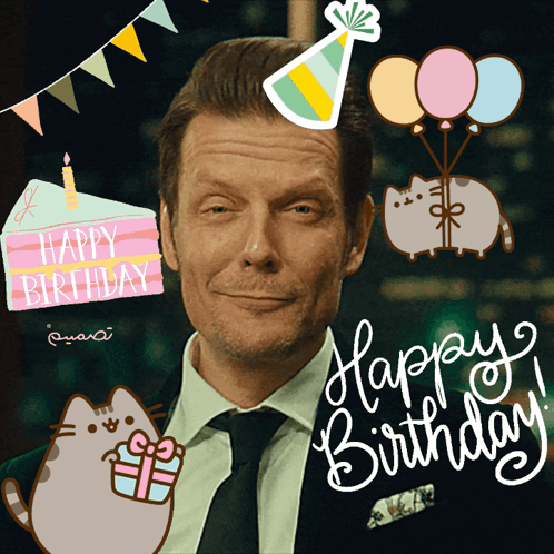 A Man In A Suit And Tie Is Surrounded By Balloons And A Birthday Cake GIF