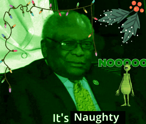 A Man In A Suit And Tie Is Surrounded By Christmas Lights And The Words " It 'S Naughty " On The Bottom GIF