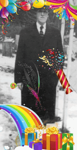A Man In A Suit And Tie Is Surrounded By Gifts And Balloons With A Rainbow In The Foreground GIF