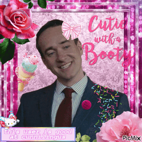 A Man In A Suit And Tie Is Surrounded By Pink Flowers And Ice Cream GIF