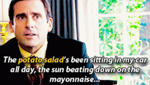 A Man In A Suit And Tie Is Talking About The Potato Salad Sitting In His Car GIF