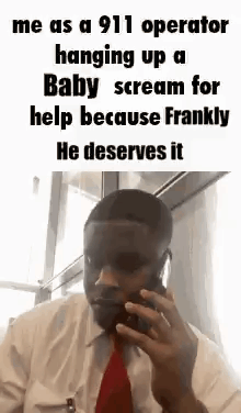 A Man In A Suit And Tie Is Talking On A Cell Phone While A Baby Screams For Help . GIF