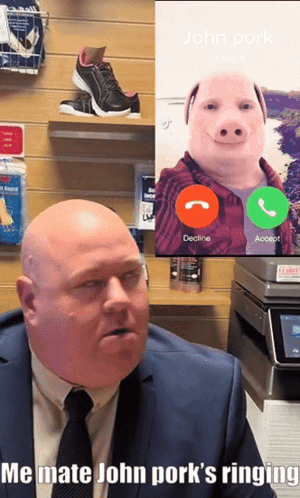 A Man In A Suit And Tie Is Talking On A Cell Phone With A Picture Of A Pig Behind Him GIF