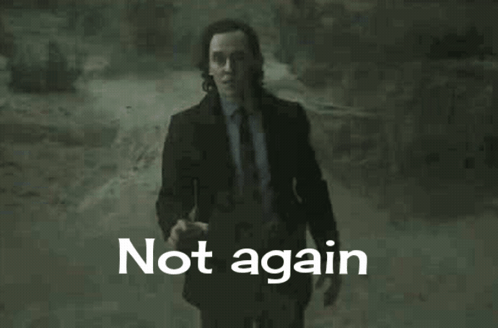A Man In A Suit And Tie Is Walking Down A Road With The Words `` Not Again '' Above Him . GIF