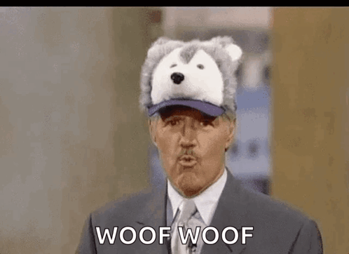 A Man In A Suit And Tie Is Wearing A Husky Hat And Talking . GIF