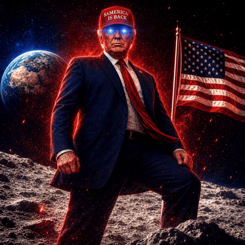 A Man In A Suit And Tie Is Wearing A Red Hat That Says America Is Back GIF
