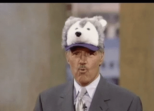 A Man In A Suit And Tie Is Wearing A Teddy Bear Hat On His Head . GIF