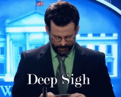 A Man In A Suit And Tie Is Writing On A Piece Of Paper With The Words Deep Sigh Written On The Bottom GIF