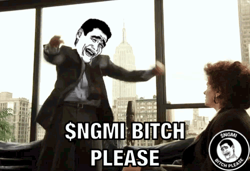 A Man In A Suit And Tie Is Yelling At A Woman In Front Of A Window And Says $ Ngmi Bitch Please GIF