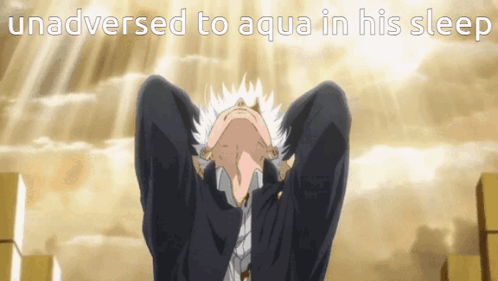 A Man In A Suit And Tie Looks Up At The Sky With The Words Unadversed To Aqua In His Sleep GIF