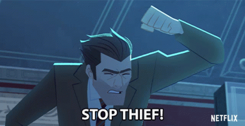 A Man In A Suit And Tie Pointing With The Words Stop Thief Written Below Him GIF