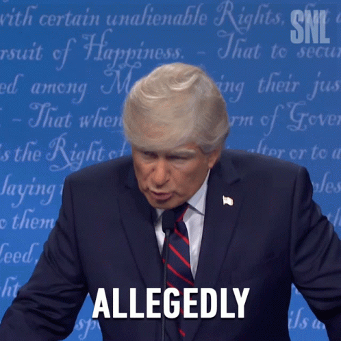 A Man In A Suit And Tie Says Allegedly In Front Of A Snl Logo GIF