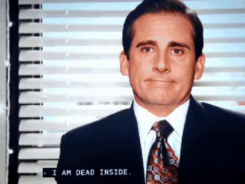 A Man In A Suit And Tie Says " I Am Dead Inside " On The Screen GIF