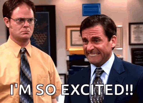 A Man In A Suit And Tie Says " I 'M So Excited !! " GIF