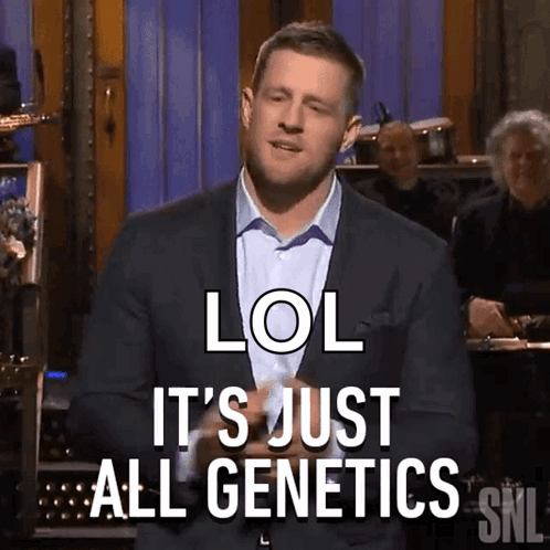 A Man In A Suit And Tie Says " Lol It 'S Just All Genetics " GIF
