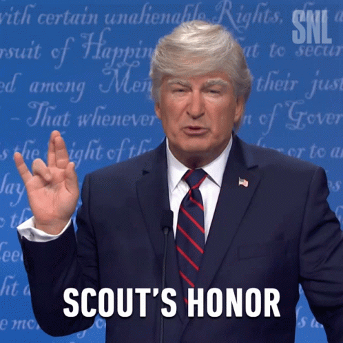 A Man In A Suit And Tie Says Scout 'S Honor In Front Of A Blue Background GIF