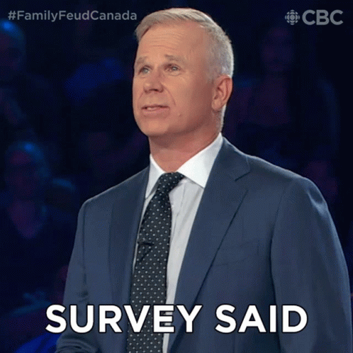 A Man In A Suit And Tie Says Survey Said In Front Of A Crowd GIF