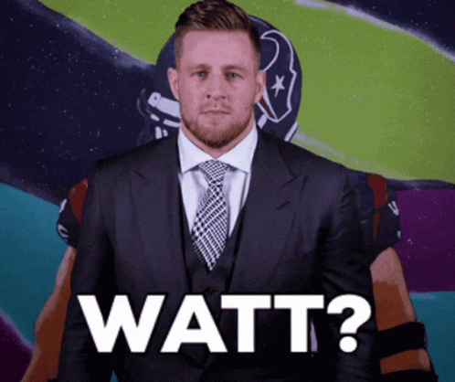 A Man In A Suit And Tie Says Watt In Front Of A Football Player In A Helmet GIF
