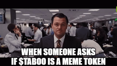 A Man In A Suit And Tie Says When Someone Asks If $ Taboo Is A Meme Token In Front Of A Crowd GIF