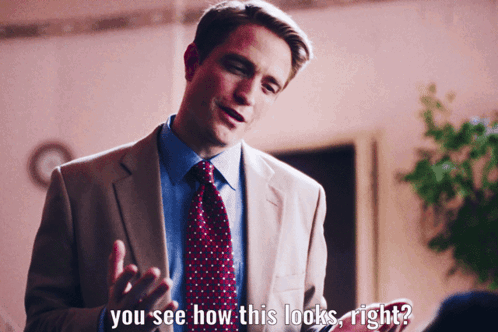 A Man In A Suit And Tie Says " You See How This Looks Right ? " GIF