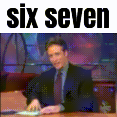 a man in a suit and tie sits at a desk with the words six seven written above him